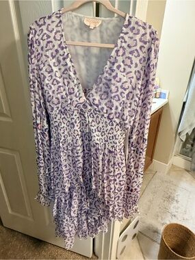 Rococo Sand Lavender Leopard Print Long Sleeve Smocked waist blouse and skirt.
